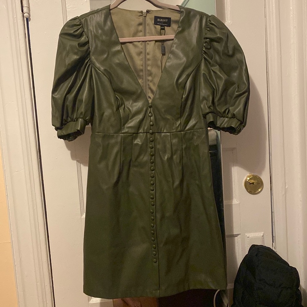 Bardot button front leather dress puff sleeves
